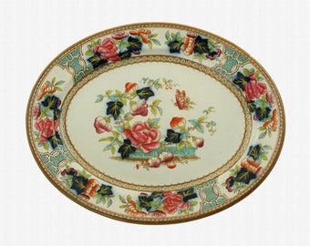 Antique English Staffordshire Metz Pattern 8" by 10" Ironstone Platter by John Meir & Son, Hand Painted Accents, Chinoiserie Decor