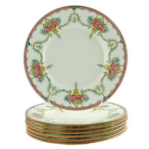Antique Mintons Hand Enameled Bone China Plates, Flower Baskets and Swags, Pink Bands with Blue Flowers, Umber Rims, Set of 7, Pattern B953
