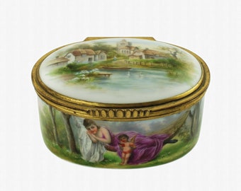 Antique European Porcelain Hand Painted Scenic Tabatiere Snuff Box with Gilt Metal Mounts