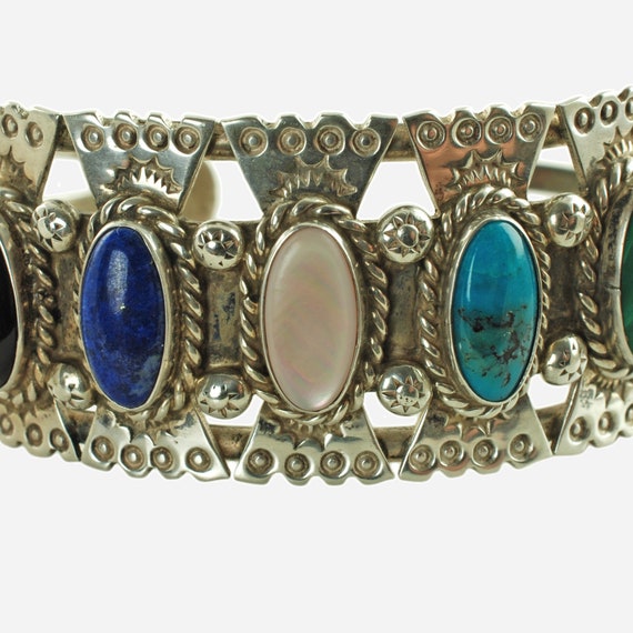 Vintage Signed Navajo Sterling Silver Jeweled Cuf… - image 3