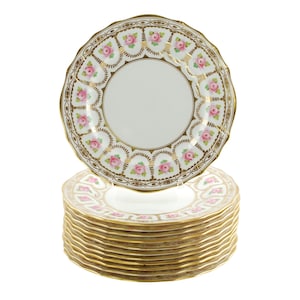 Antique Cauldon Crown Sutherland England Hand Enameled Gilded 8.75&quot; Cabinet Plates with Pink Roses Set of 12