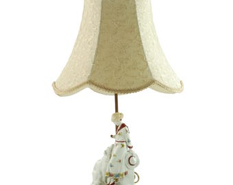 Antique German Katzhütte Hand Painted Porcelain Art Deco Woman and Borzoi Table Lamp with Base by Mutual Sunset Lamp Co and Roseart Shade