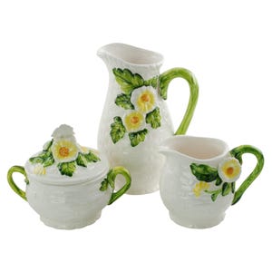 Vintage Lefton &quot;Rustic Daisy&quot; Floral Pattern Serving Set, Pitcher, Cream Jug and Covered Double-Handled Sugar Bowl, Grandmacore Decor