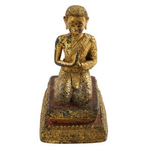 Antique Thai Gilt Lacquered Bronze Buddha Devotional Statue, Namaskara Mudra, Late Rattanakosin Period