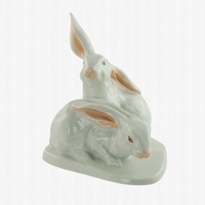 Vintage Herend White Rabbit Figural Group on Plinth Designed by Eva Vastagh