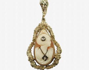 Vintage 14K White Gold Cameo Habille Pendant with Floral and Foliate Frame and Heart Filigree Bail, Double Diamond Cameo