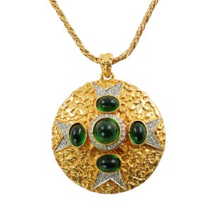 Large Vintage Kenneth Jay Lane Maltese Cross Medallion Pendant Necklace with Emerald Green Cabochons & Pave Rhinestones