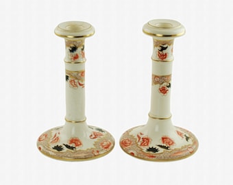 Antique English Ironstone Hand Colored Imari Candlesticks