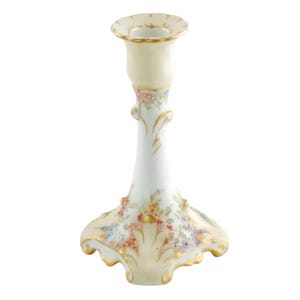 Antique Jean Pouyat Limoges France Hand Painted Porcelain Single Candlestick with Flowers and Gilt Accents