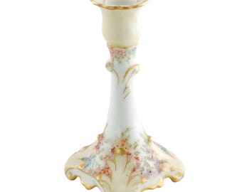 Antique Jean Pouyat Limoges France Hand Painted Porcelain Single Candlestick with Flowers and Gilt Accents