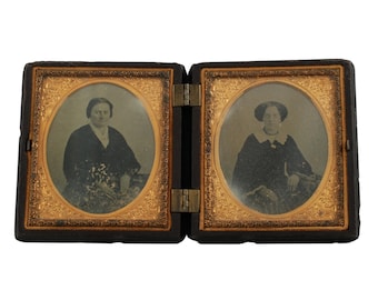 Antique AP Critchlow Profile of George Washington Thermoplastic Union Case Krainik 103 with Double Sixth-Plate Ambrotype Portraits of Ladies