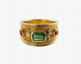 Vintage Etruscan Style 18k Gold Emerald Ruby and Diamond Ring, Fine Estate Jewelry