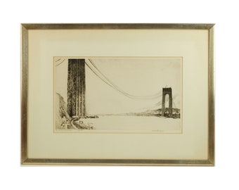 Vintage Margaret Lowengrund Pencil Signed Limited Edition Print The Bridge in Construction