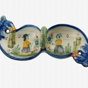 Antique HR Quimper Biniou Bagpipe Form French Faïence Double Salt Dip Hand Painted Petit Breton Motif