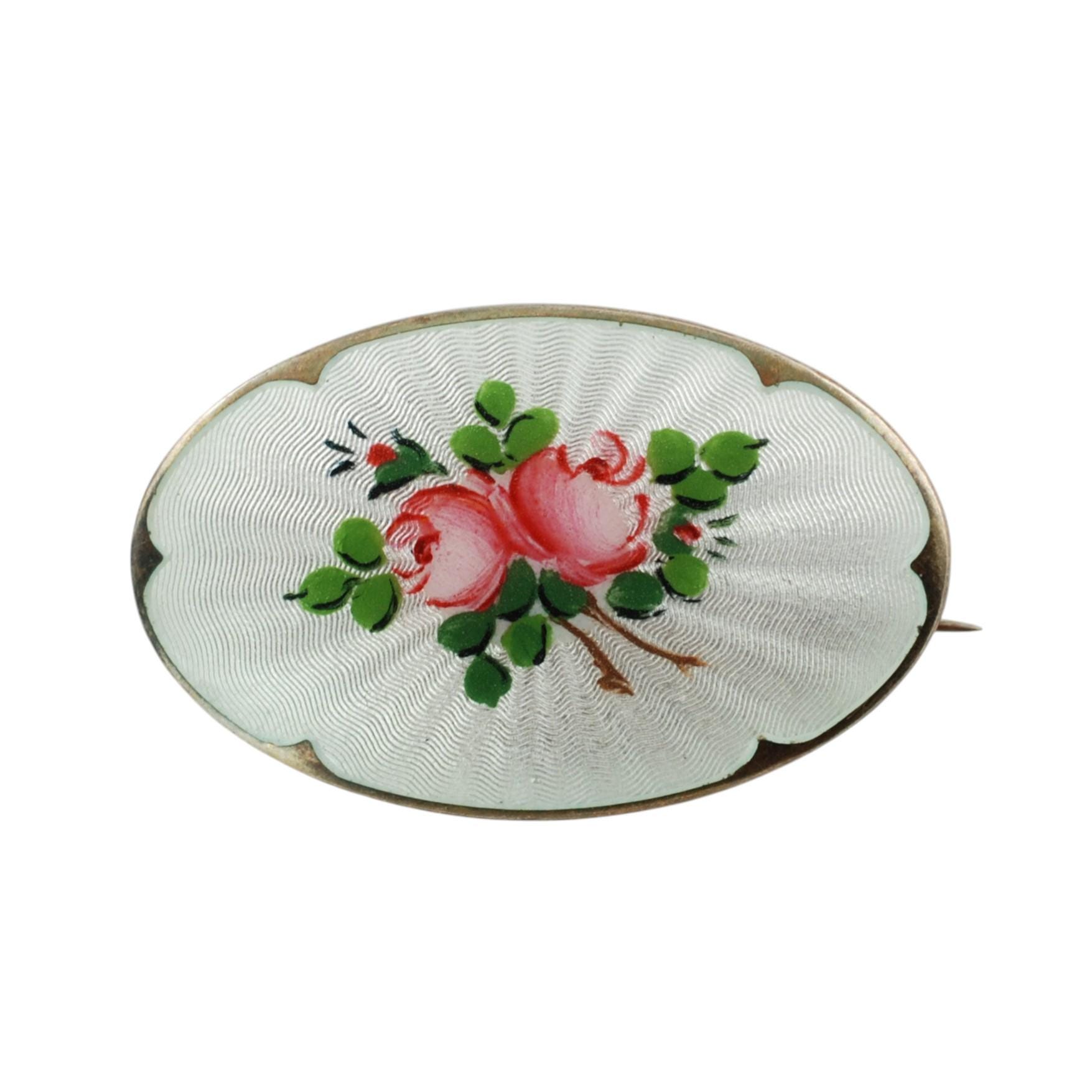 Vintage Hand Painted Guilloche Enamel Oval Brooch Pin Hand Painted Pink ...