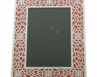 Marco de fotos vintage Shanghai Tang, motivo auspicioso, estilo art déco reticulado, acero inoxidable, 20,3 x 25,4 cm, rojo mate, caja original.