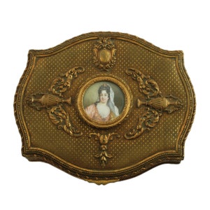 Large Antique French Louis XVI Style Footed Serpentine Gilt Metal Dresser Box Jewelry Casket, Artist Signed Hand Painted Miniature Portrait