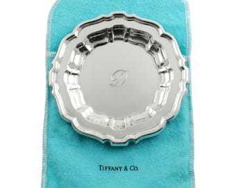 Bandeja para joyas vintage Tiffany & Co Chippendale de plata esterlina de 12 cm (4,75 pulgadas), 101 gramos, monograma D, bolsa original Tiffany