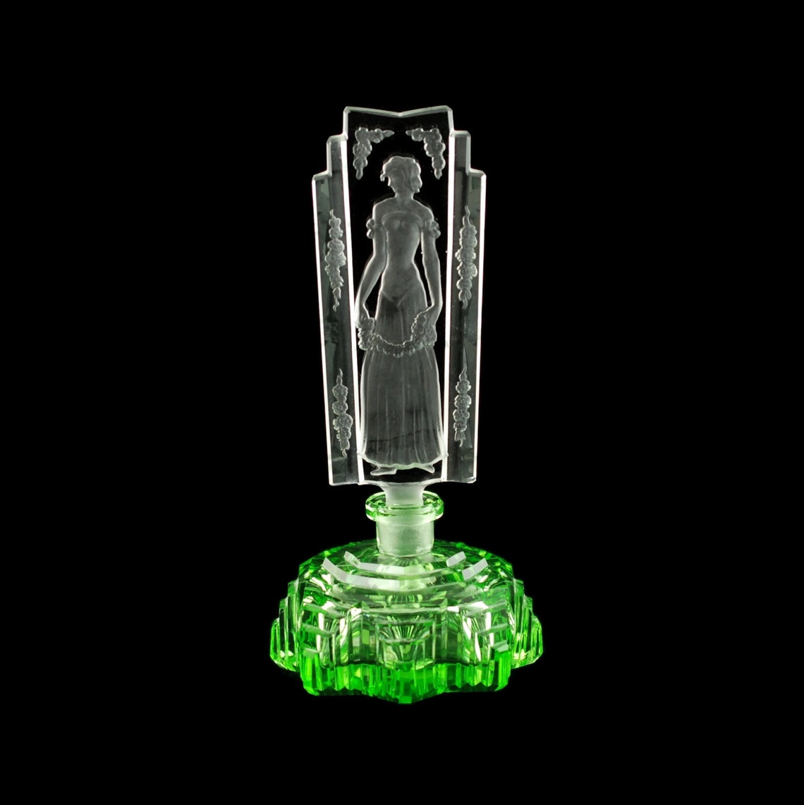 Antique Art Deco Czech Uranium Glass Perfume Bottle with image 4