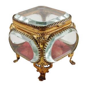 Antique French Style Thick Beveled Paneled Glass Footed Jewelry Casket Box with Tufted Red Silk Interior