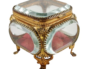 Antique French Style Thick Beveled Paneled Glass Footed Jewelry Casket Box with Tufted Red Silk Interior