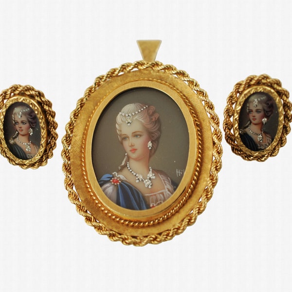 Vintage 18K Yellow Gold Hand Painted Miniature Portrait Cameo Pendant/Brooch and Earring Set with Hand Cut Diamond Accents