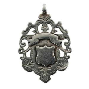 Antique Victorian Sterling Silver Reticulated Shield Form Watch Fob Pendant Medallion, Circa 1897, No Monogram