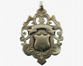 Antique Victorian Sterling Silver Reticulated Shield Form Watch Fob Pendant Medallion, Circa 1897, No Monogram