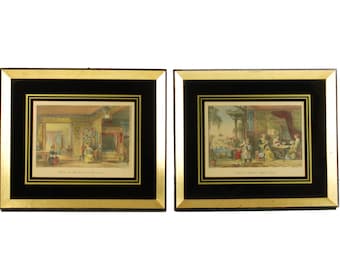 Antyczna para ręcznie kolorowanych rycin Chinoiserie w pozłacanych ramach William Floyd i Arthur Willmore według Thomasa Alloma Chiny ilustrowane