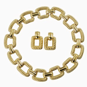 Heavy Vintage Givenchy Gold Plated Rope Motif Necklace and Convertible Door Knocker Clip On Earring Set Designer Costume Jewelry As New