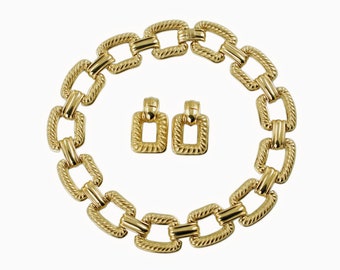 Heavy Vintage Givenchy Gold Plated Rope Motif Necklace and Convertible Door Knocker Clip On Earring Set Designer Costume Jewelry As New
