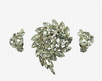Vintage Alice Caviness Demi Parure Clear Rhinestone Brooch and Earrings with Original Tag