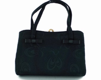 Vintage Garay Black Brocade Structured Handbag with Ribbon Detail and Rhinestone Clasp