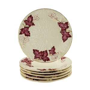 6 Antique Avalon Faience Hand Painted Plates with Gilt Accents, Leaf, Flower and Berry Motif, Raspberry Pink on Cream, Chesapeake Pottery