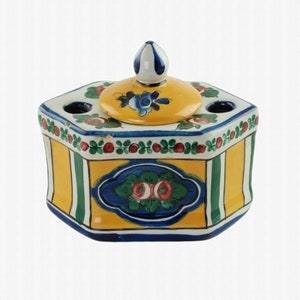 Antique Hand Painted Aladin France Faience Inkwell Encrier Art Deco Floral Motif