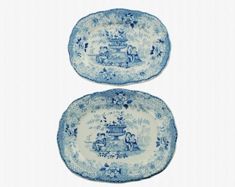 Antique William Ridgway Child’s Dinner Platters in the Souvenir Pattern, Miniature Blue and White Staffordshire Circa 1830