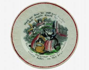 Antique Victorian Child's Pearlware Alphabet 5.375" Plate "Hush my dear lie still and slumber Holy angels guard thy bed" Verse by Isaac Watt