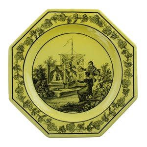 Vintage Mottahedeh Italien Svart på gul Transferware Åttkantig Tallrik Efter Creil Montereau "Panorama"