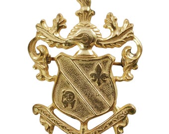 Vintage Signed Miriam Haskell Heraldic Brooch Pin in Russian Gilt Finish