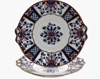 Antique English Staffordshire Gilt Imari Plates with Molded Bow Accents Thomas Allen & Spencer Green