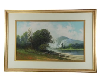 Paisaje antiguo original en pastel, Duke Allen Lovell, Paisaje de río y montaña.
