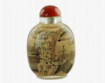 Vintage Chinese Reverse Painted Crystal Snuff Bottle, Along the River During the Qingming Festival by Zhang Zeduan