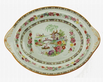 Antique Royal Paragon Manchu Polychrome Transferware Domed Covered Meat Platter 12.25" by 9.125" Fine Bone China Chinoiserie Tableware