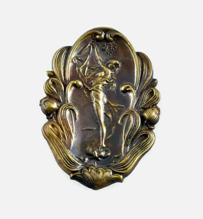 Large Ornate Vintage Art Nouveau Figural Maiden Oval Brooch image 0