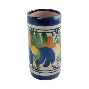 Vintage Hand bemalte Majolika 6,5 &quot;Zylindrische Vase mit stilisiertem Blattmotiv