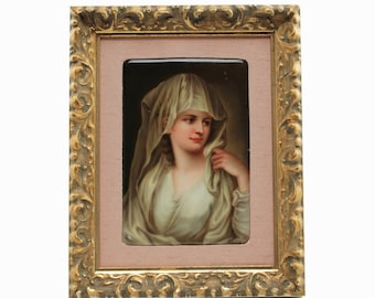 Antique Hand Painted German Porcelain Plaque &quot;Vestalin after Kaufmann&quot; by Sontag in Gilt Wood Frame