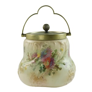 Antique Victorian Taylor Tunnicliff Hand Painted Biscuit Barrel w/ Shaw & Fisher Etched Silver Plate Lid and Shaped Swing Handle