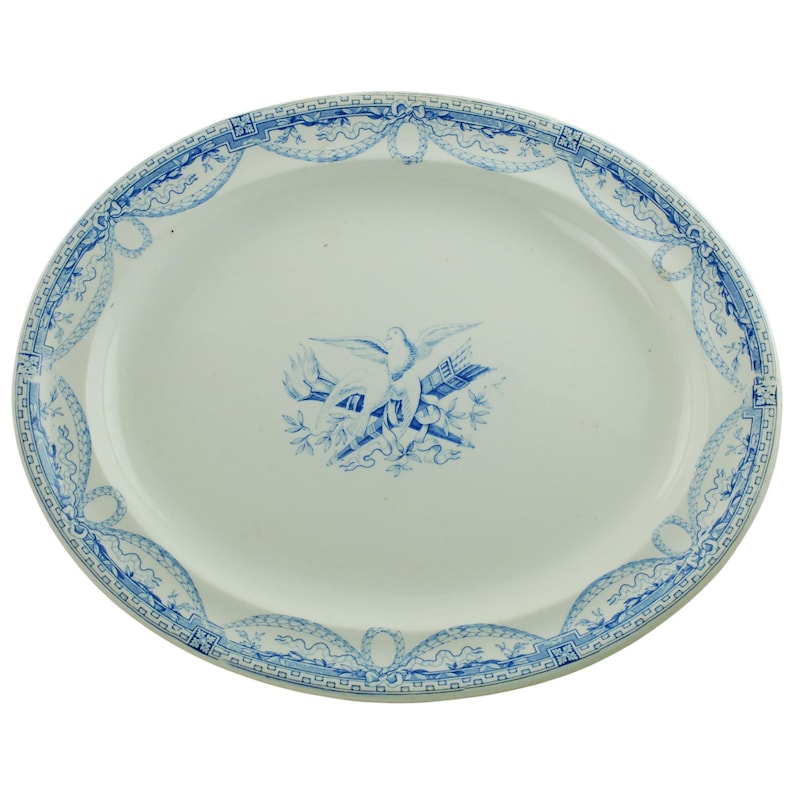 Large Antique Wedgwood Pearlware Robert Adam Neoclassical Style 16.5" Oval Platter Peace Doves and Crossed Flaming Torch and Quiver Motif image 1