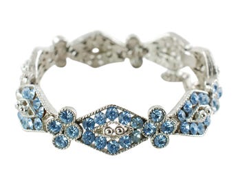 Vintage Weiss Blue Rhinestone Link Bracelet Art Deco Motif