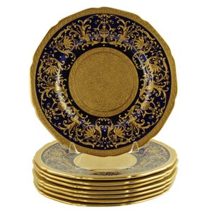 Antieke kroon Chelsea Morris China zwaar vergulde ingelegde kobalt dinerborden set van 8